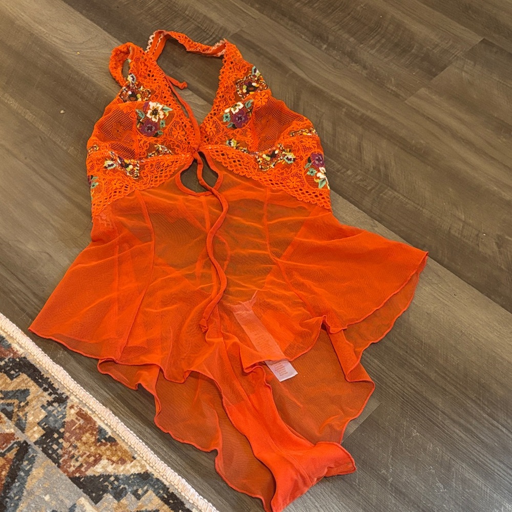 SAVAGE X FENTY Vibrant Orange Sheer Halter babydoll romper lingerie